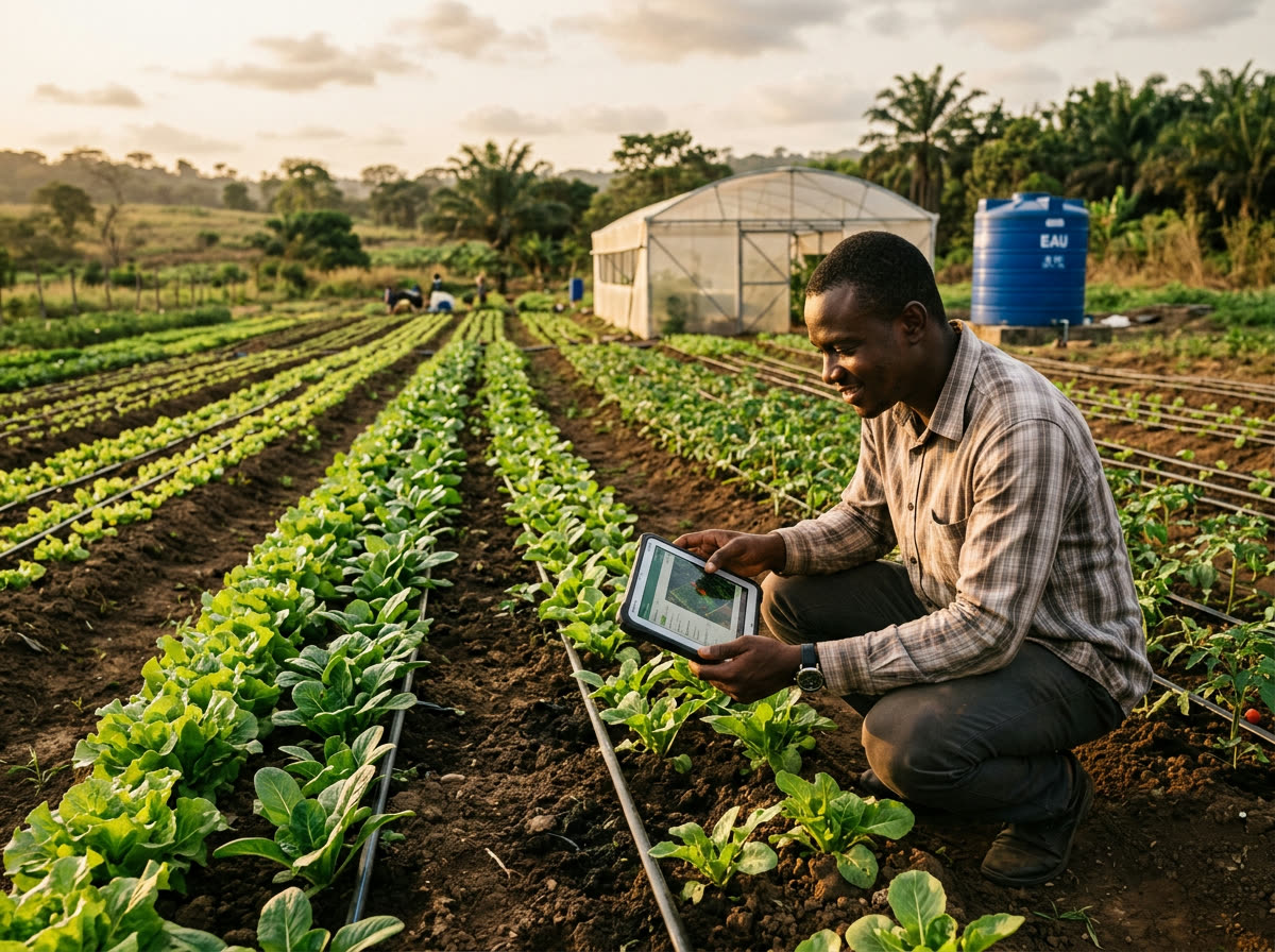 Rangs de cultures maraîchères sous irrigation goutte-à-goutte, un entrepreneur agricole inspecte les plants