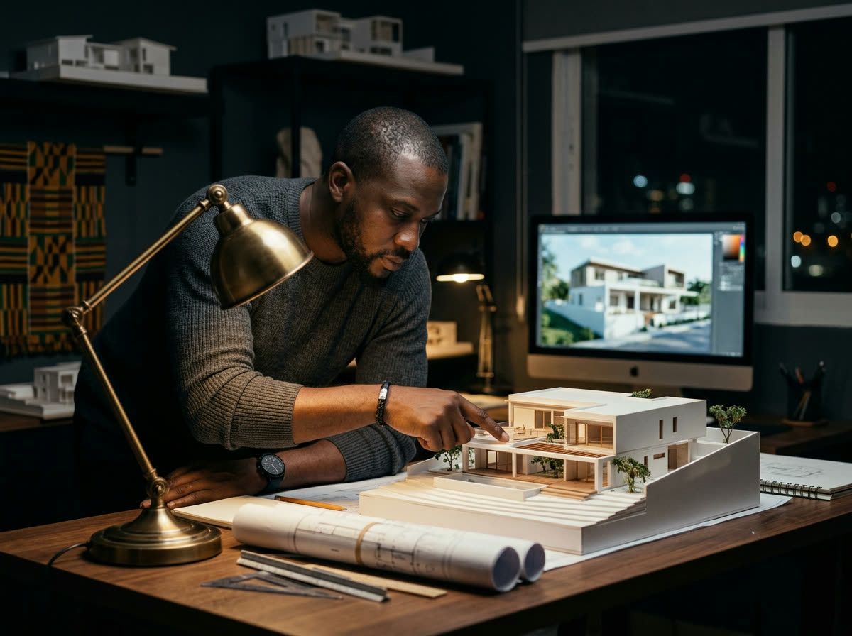 Architecte penché sur la maquette d'une villa moderne, plans roulés et rendu 3D à l'écran