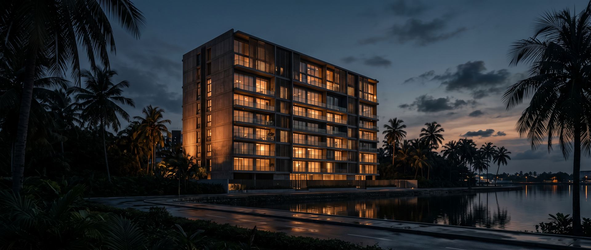 Immeuble résidentiel moderne éclairé au crépuscule, entouré de palmiers