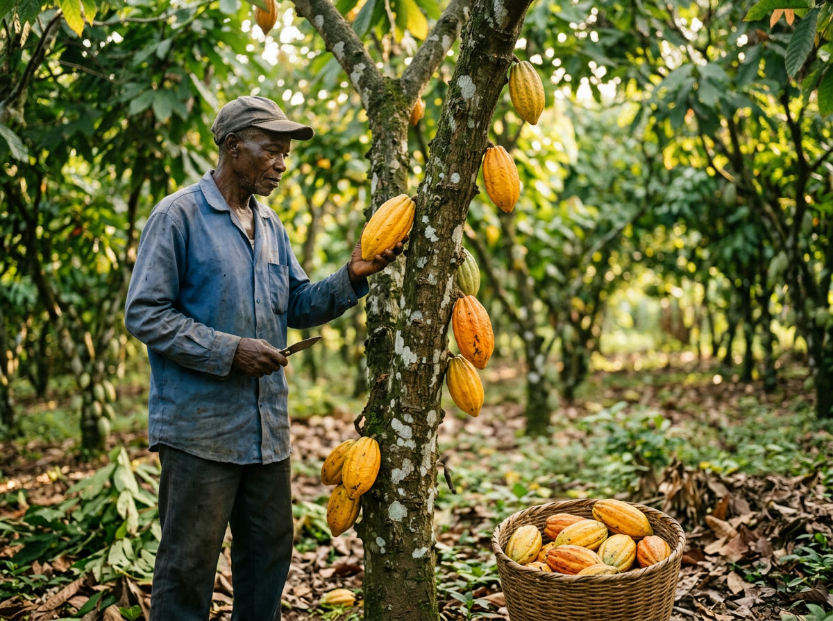 Planteur inspectant des cabosses de cacao mûres sur un cacaoyer bien entretenu