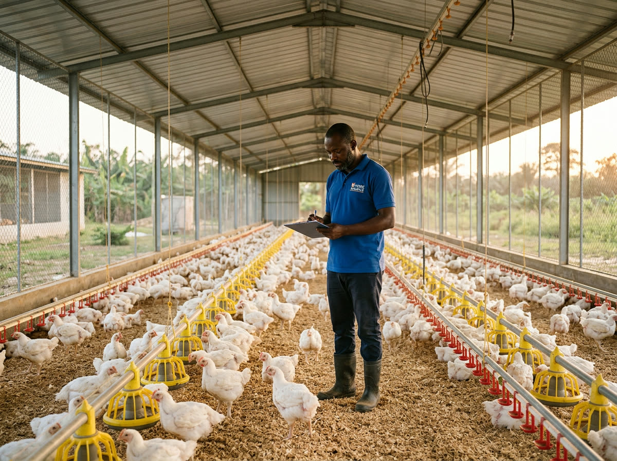 Bâtiment d'élevage de volailles moderne, un responsable contrôle le lot de poulets