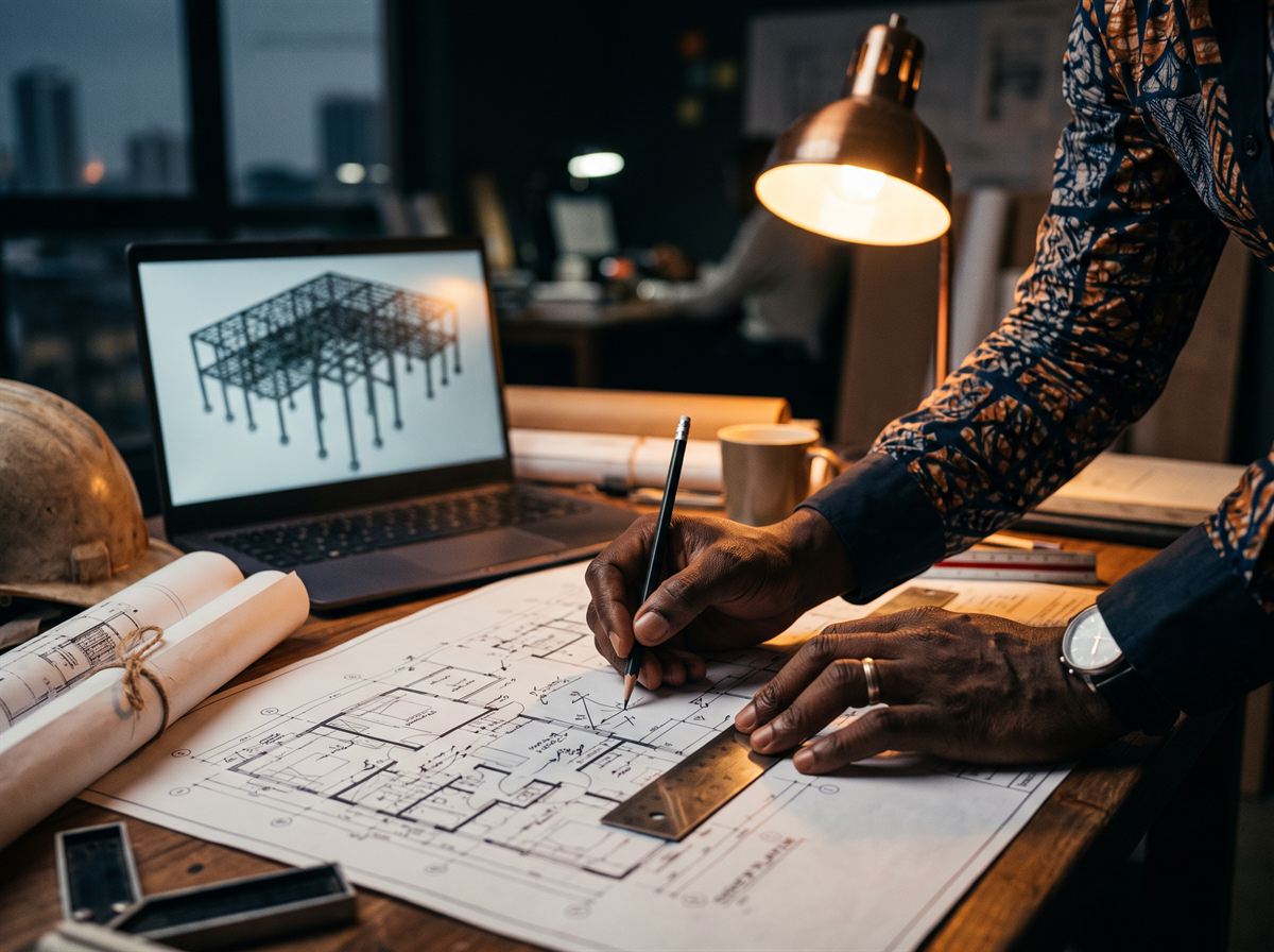 Ingénieur annotant des plans d'exécution au bureau d'études