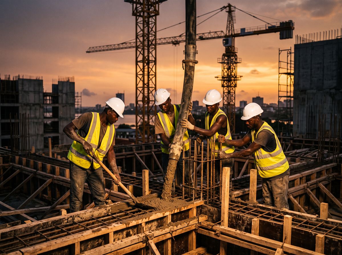 Coulage de béton dans les coffrages d'un chantier au coucher du soleil