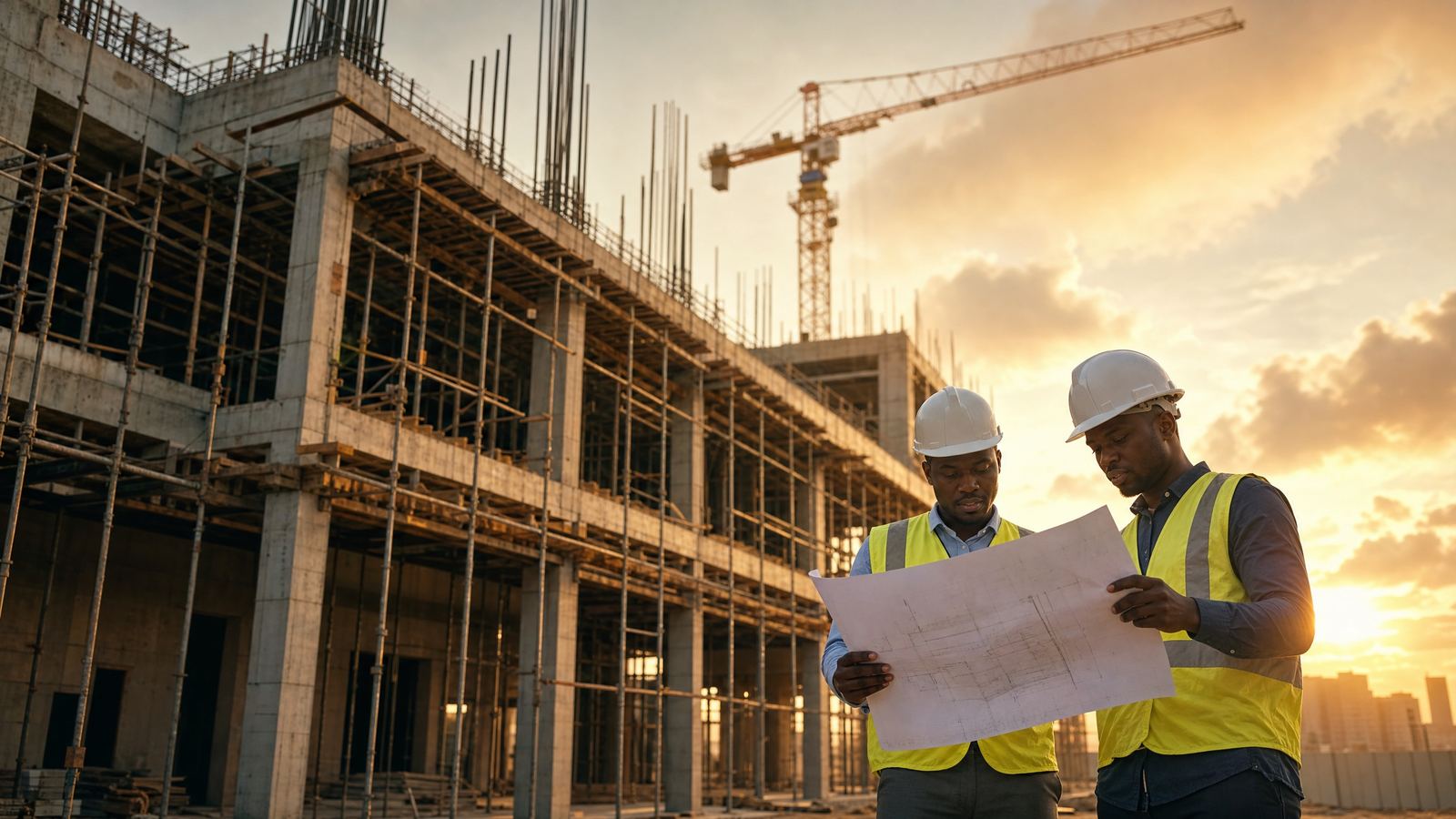 Deux ingénieurs étudient des plans sur un chantier au coucher du soleil