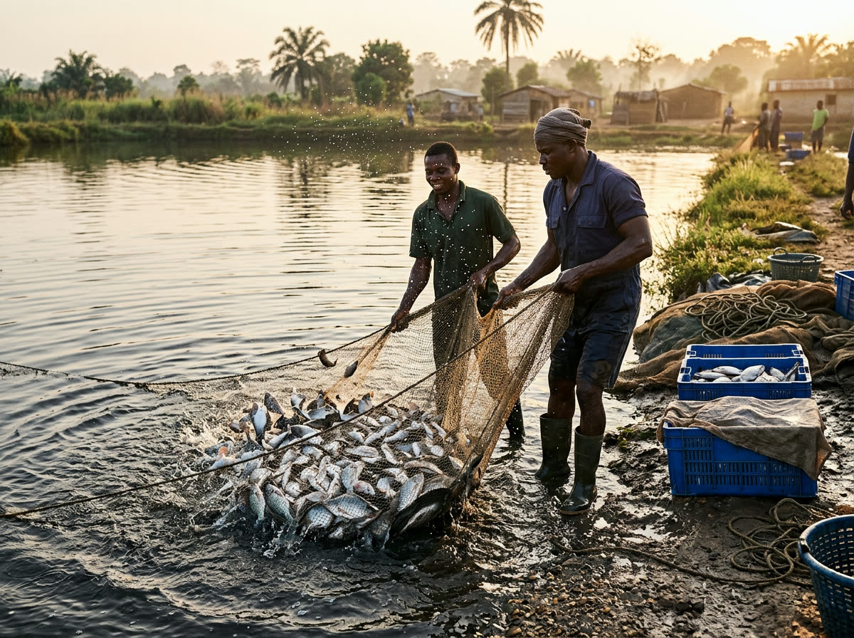 Récolte de tilapias : deux ouvriers soulèvent une senne pleine de poissons hors d'un étang