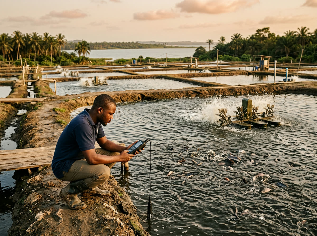 Bassins d'élevage de tilapias avec aérateurs, un technicien contrôle la qualité de l'eau au bord du bassin